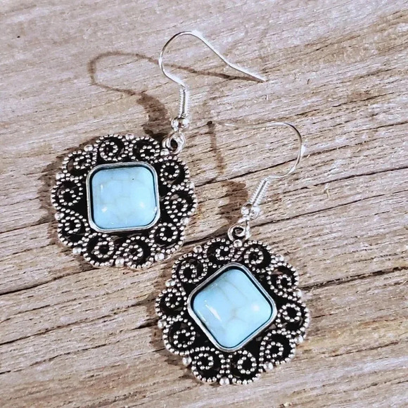 Filigree Rhombus Turquoise Blue Stone Silver Dangle Earrings - Picture 1 of 5